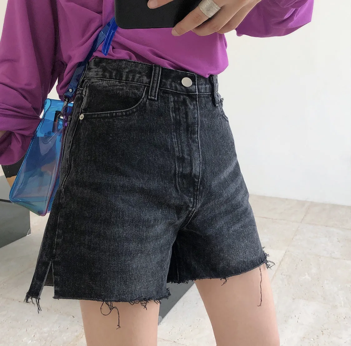 Summer retro street high waist denim shorts A word loose wide-legged thin wool pants women