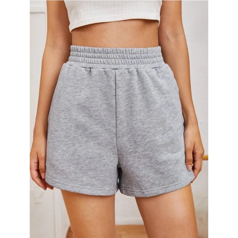 summer women's elastic waist loose wide leg solid color casual sports shorts