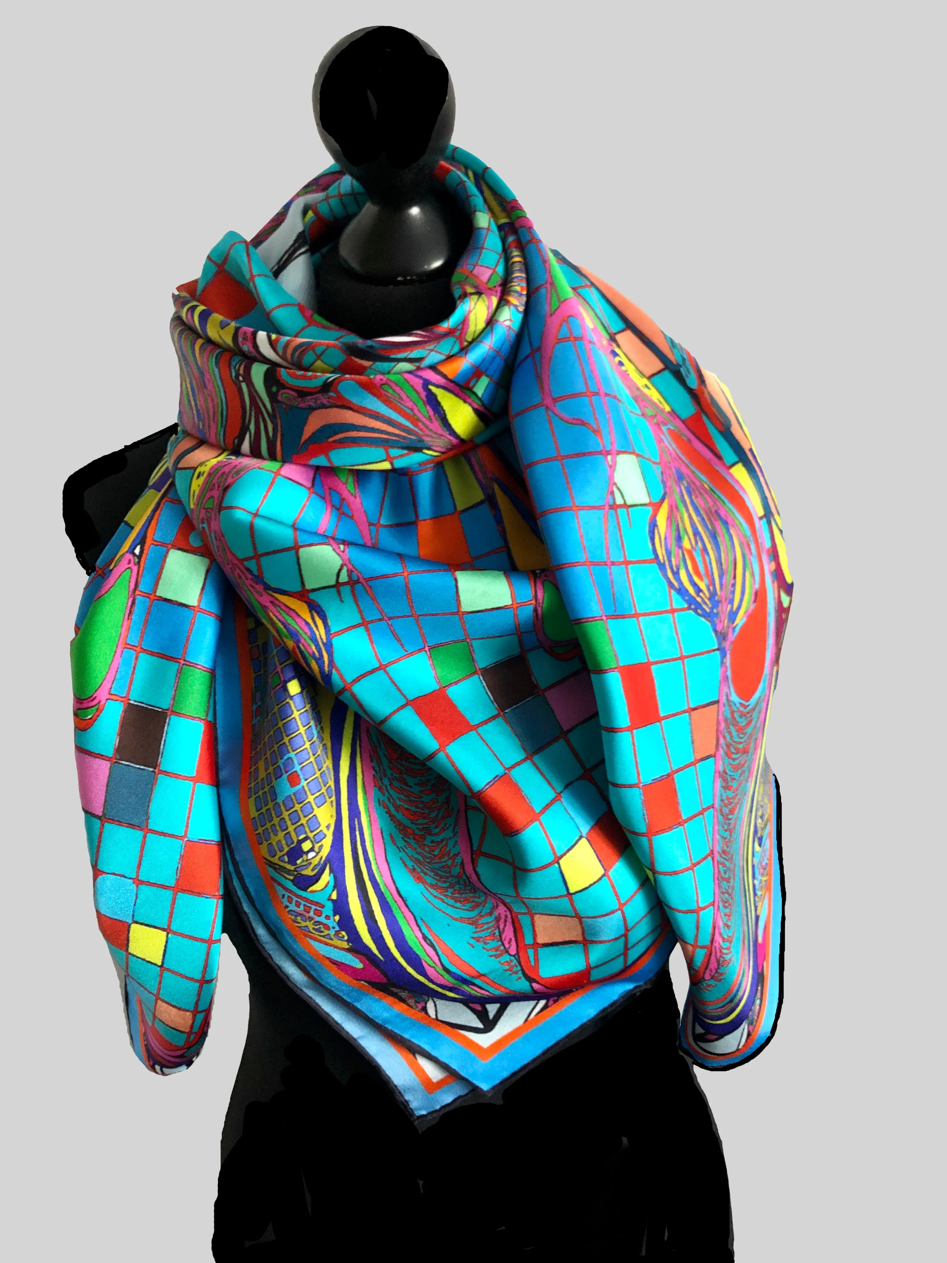 Teal Squares, Silk Scarf