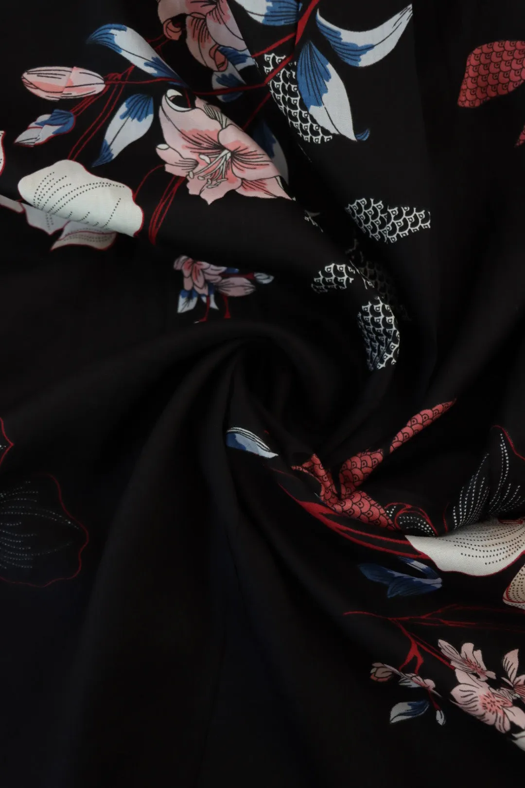 Textured Floral on Black Viscose Satin