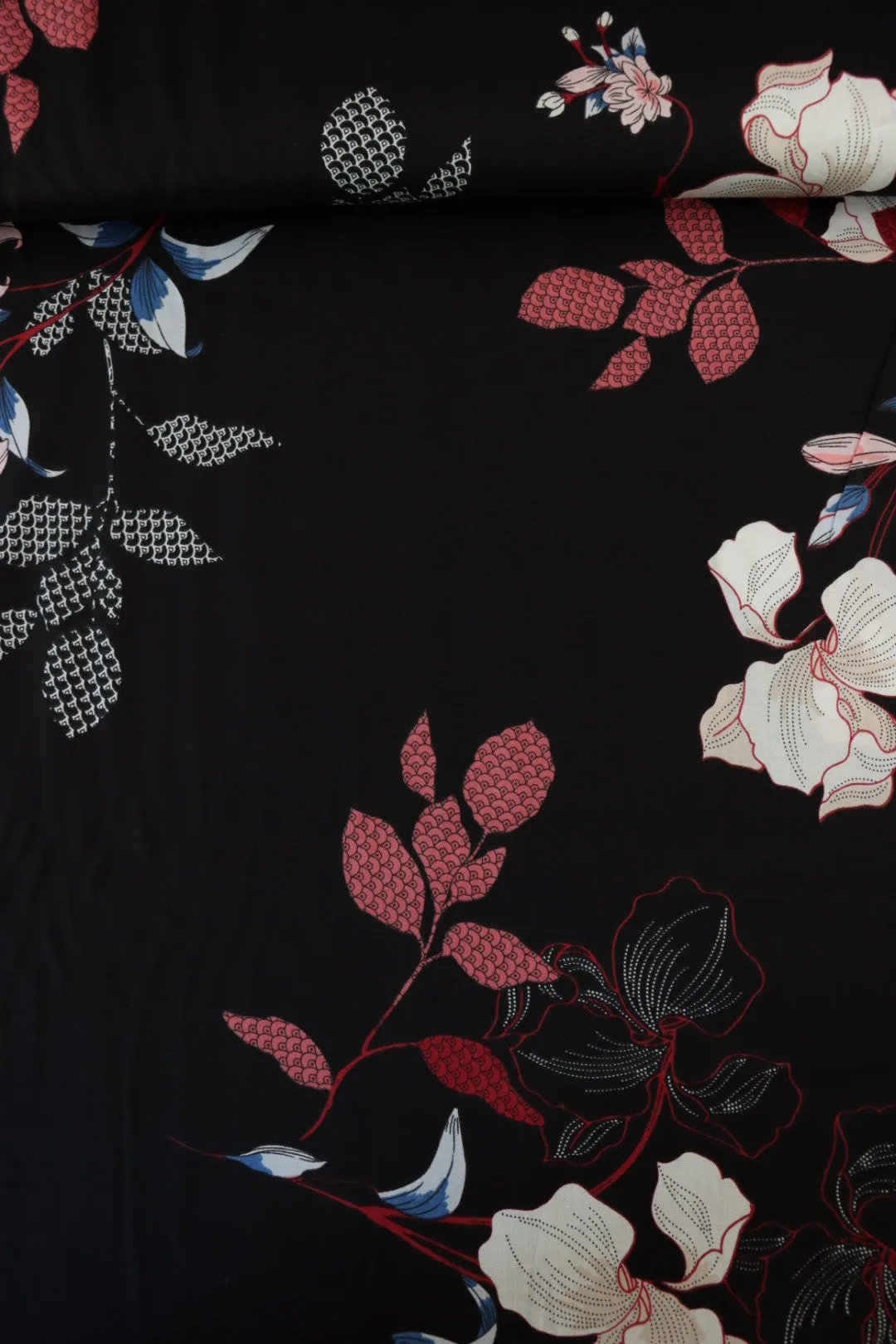 Textured Floral on Black Viscose Satin