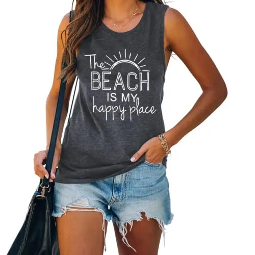 The Beach is My Happy Place Sleeveless Shirt for Women Summer Beach Tank Shirt