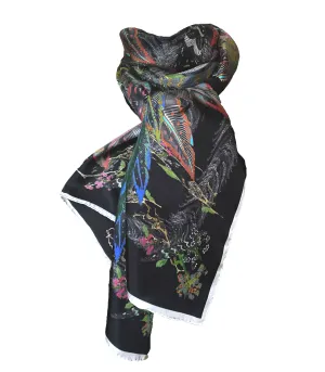 The Proud Peacock in Black. Long Silk Scarves