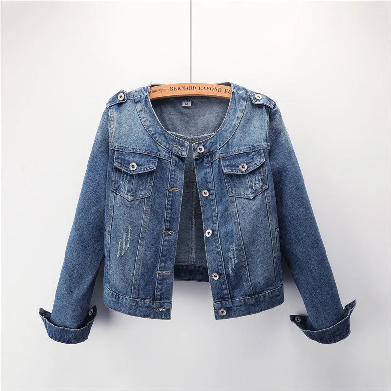 The Round Neck Casual Short Jacket Plus Size Denim Jacket Female Students