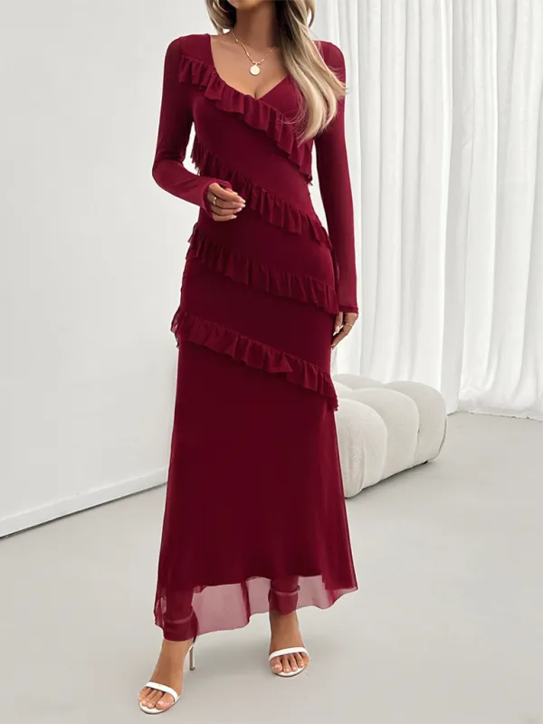 V-Neck Diagonal Ruffle Layered Formal Maxi Dress