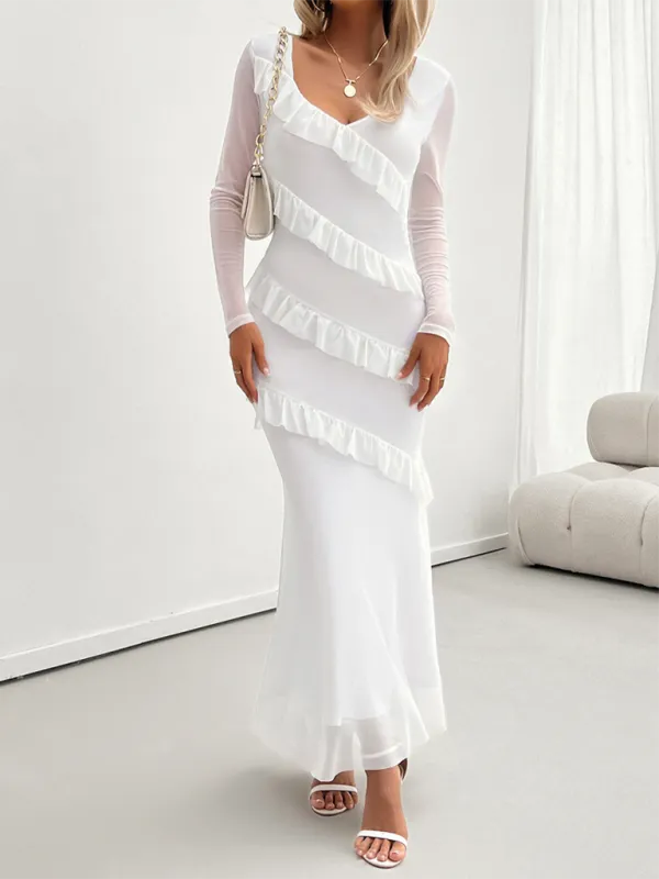 V-Neck Diagonal Ruffle Layered Formal Maxi Dress