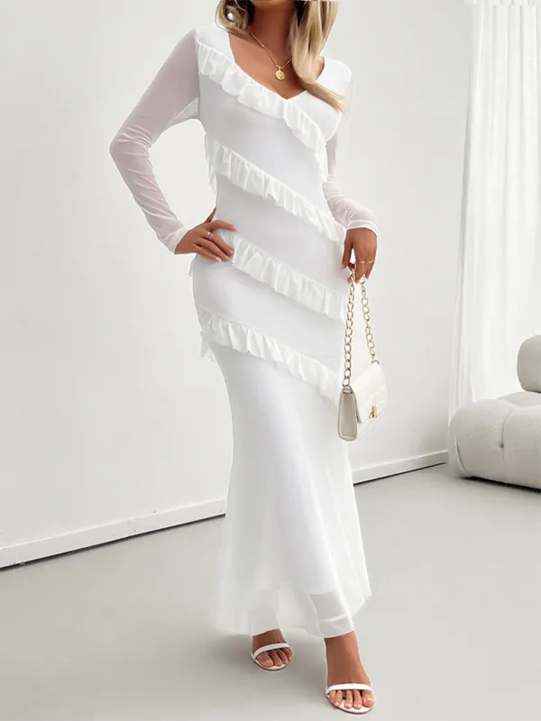 V-Neck Diagonal Ruffle Layered Formal Maxi Dress