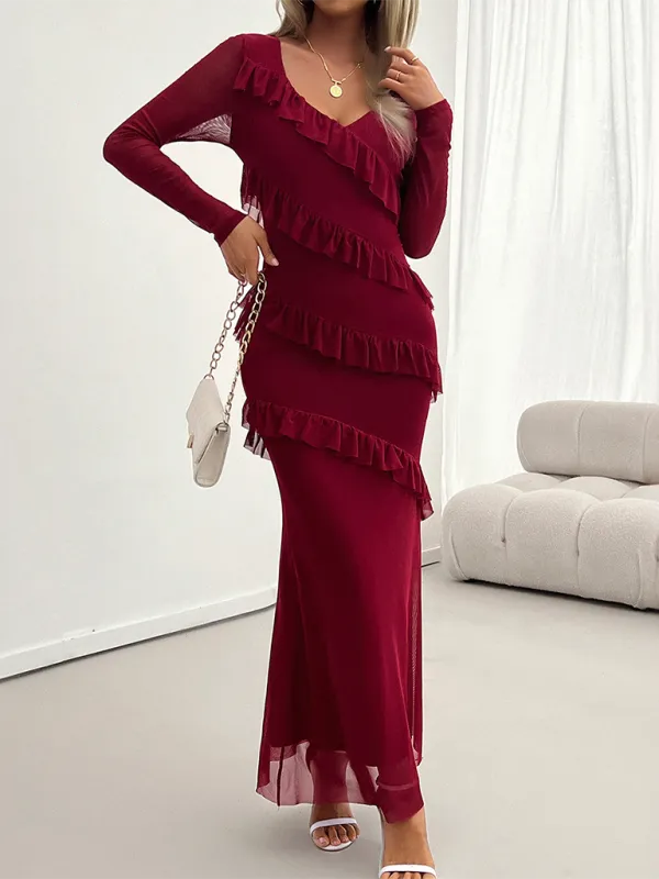 V-Neck Diagonal Ruffle Layered Formal Maxi Dress