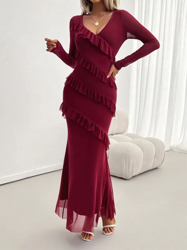 V-Neck Diagonal Ruffle Layered Formal Maxi Dress