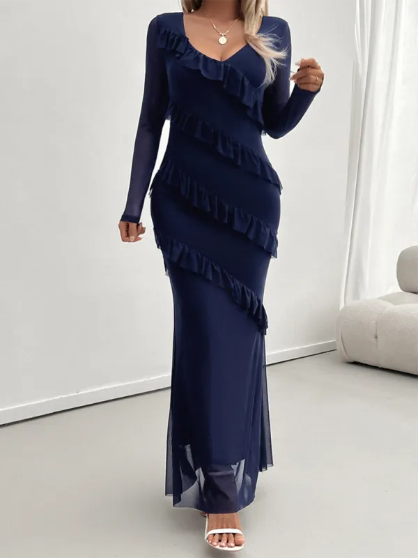 V-Neck Diagonal Ruffle Layered Formal Maxi Dress