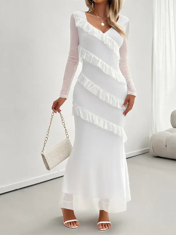 V-Neck Diagonal Ruffle Layered Formal Maxi Dress