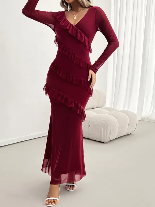 V-Neck Diagonal Ruffle Layered Formal Maxi Dress