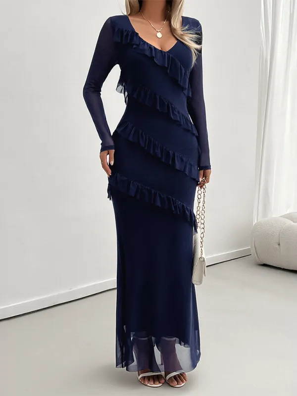 V-Neck Diagonal Ruffle Layered Formal Maxi Dress