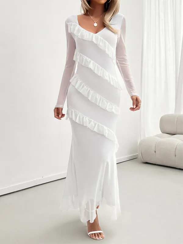 V-Neck Diagonal Ruffle Layered Formal Maxi Dress