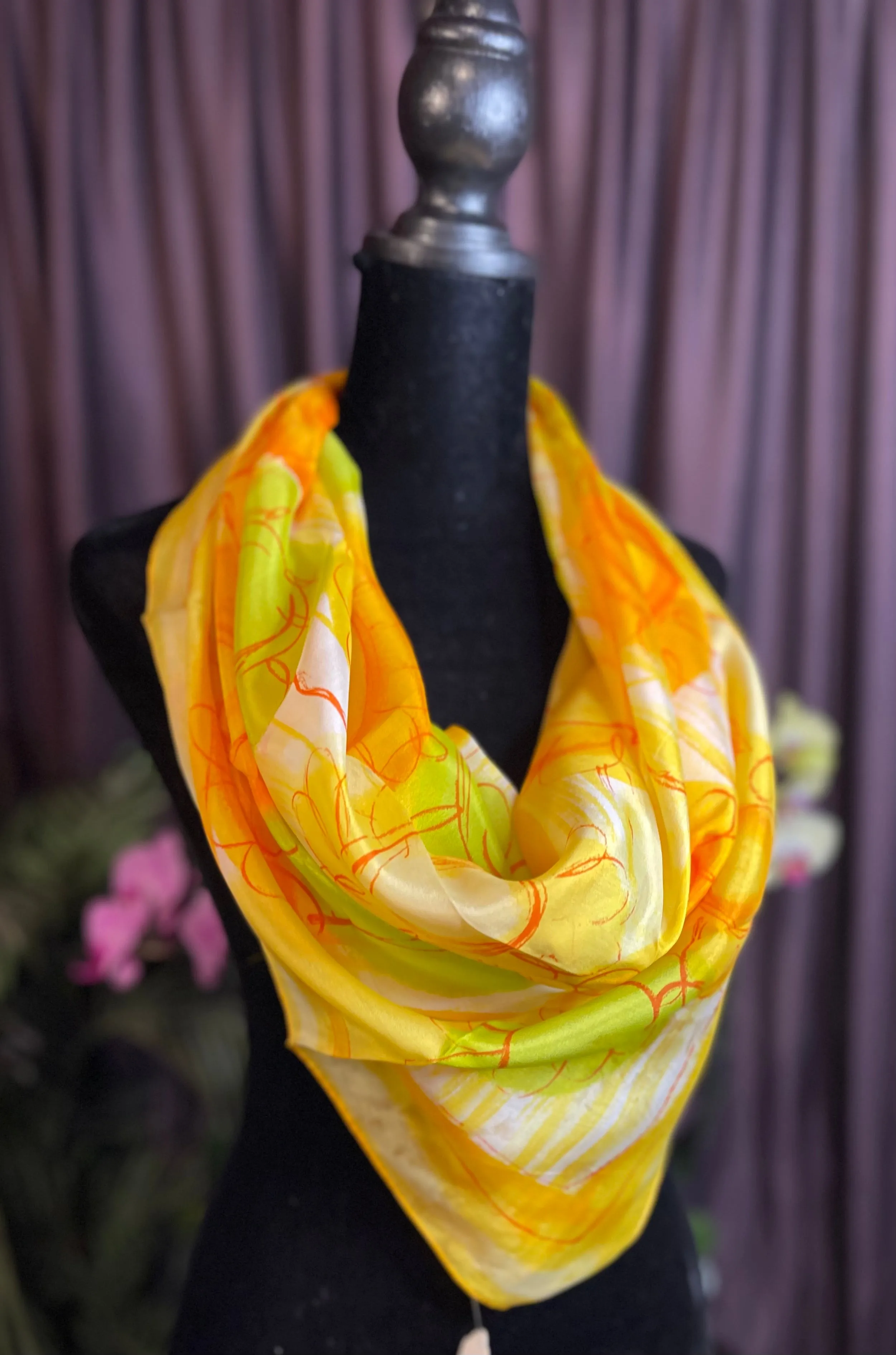 Vintage Silk Floral orange, green and brown Scarf