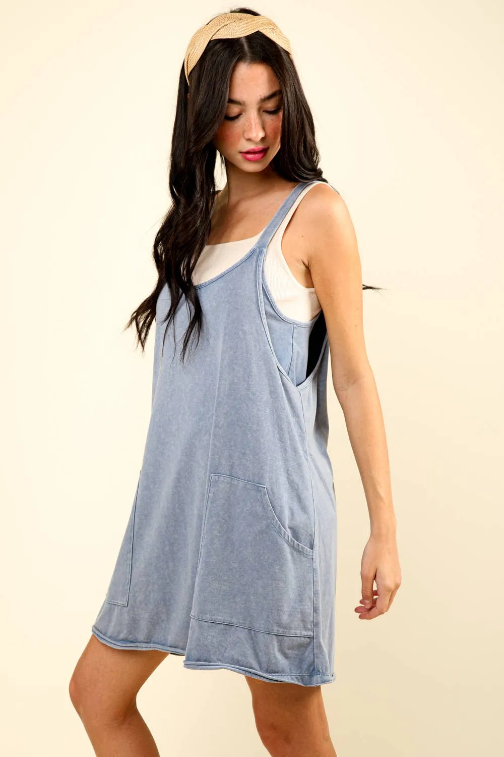 Washed Denim Deep V-neck Comfy Knit Mini Dress W/ Shorts Inside