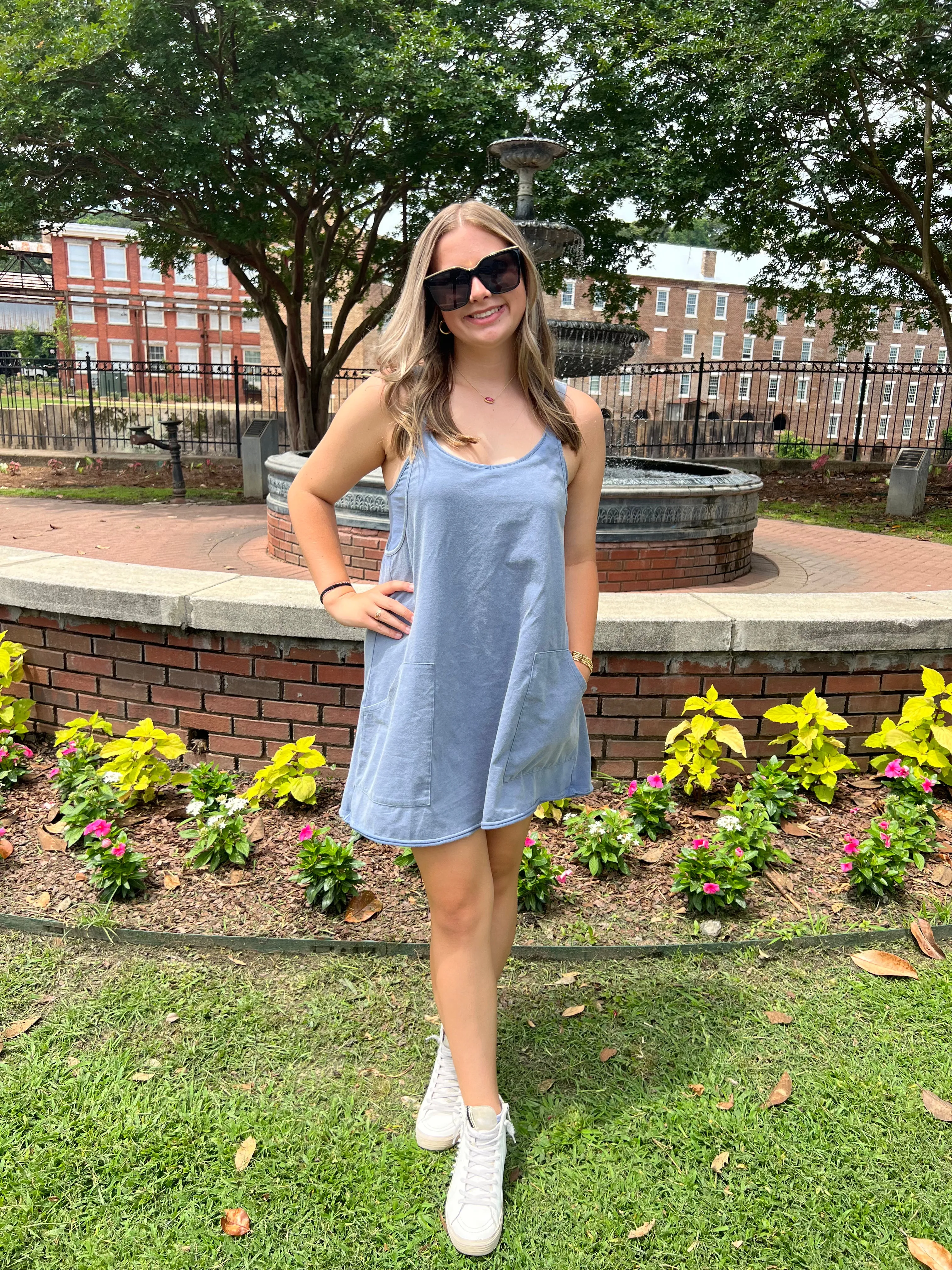 Washed Denim Deep V-neck Comfy Knit Mini Dress W/ Shorts Inside