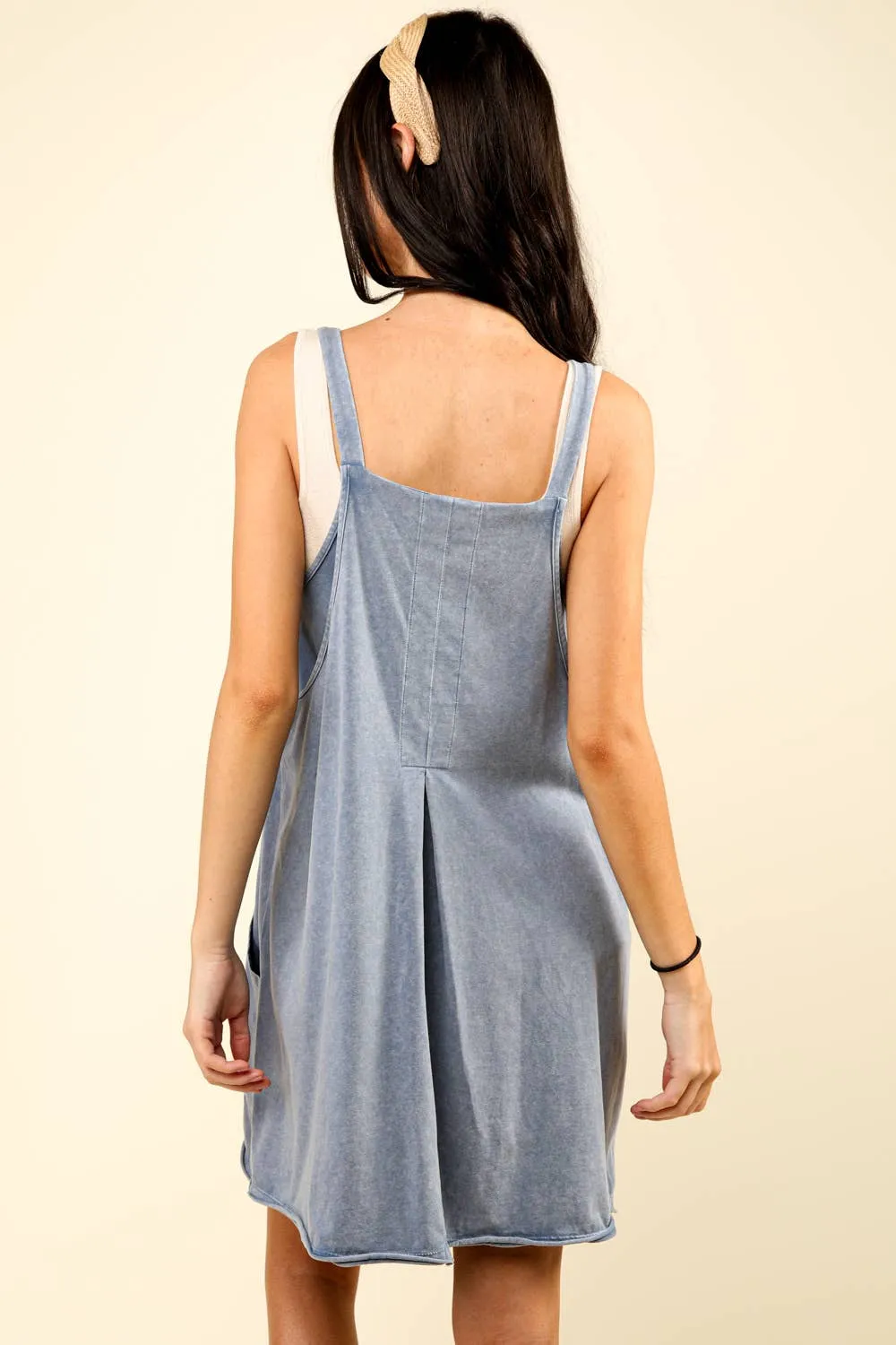 Washed Denim Deep V-neck Comfy Knit Mini Dress W/ Shorts Inside