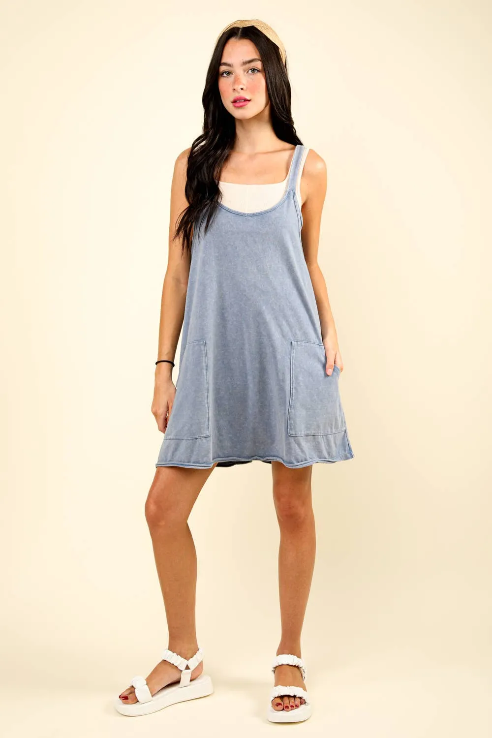 Washed Denim Deep V-neck Comfy Knit Mini Dress W/ Shorts Inside