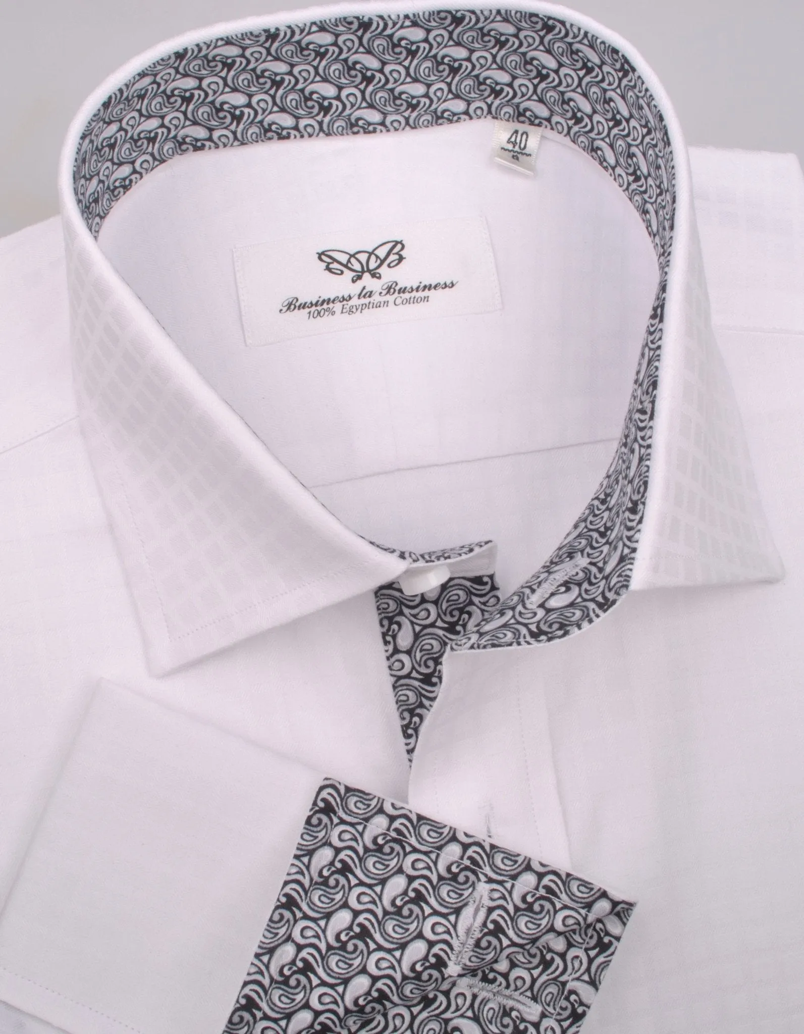 White Herringbone Fade Checkered Formal Business Dress Shirt with Black Paisleys