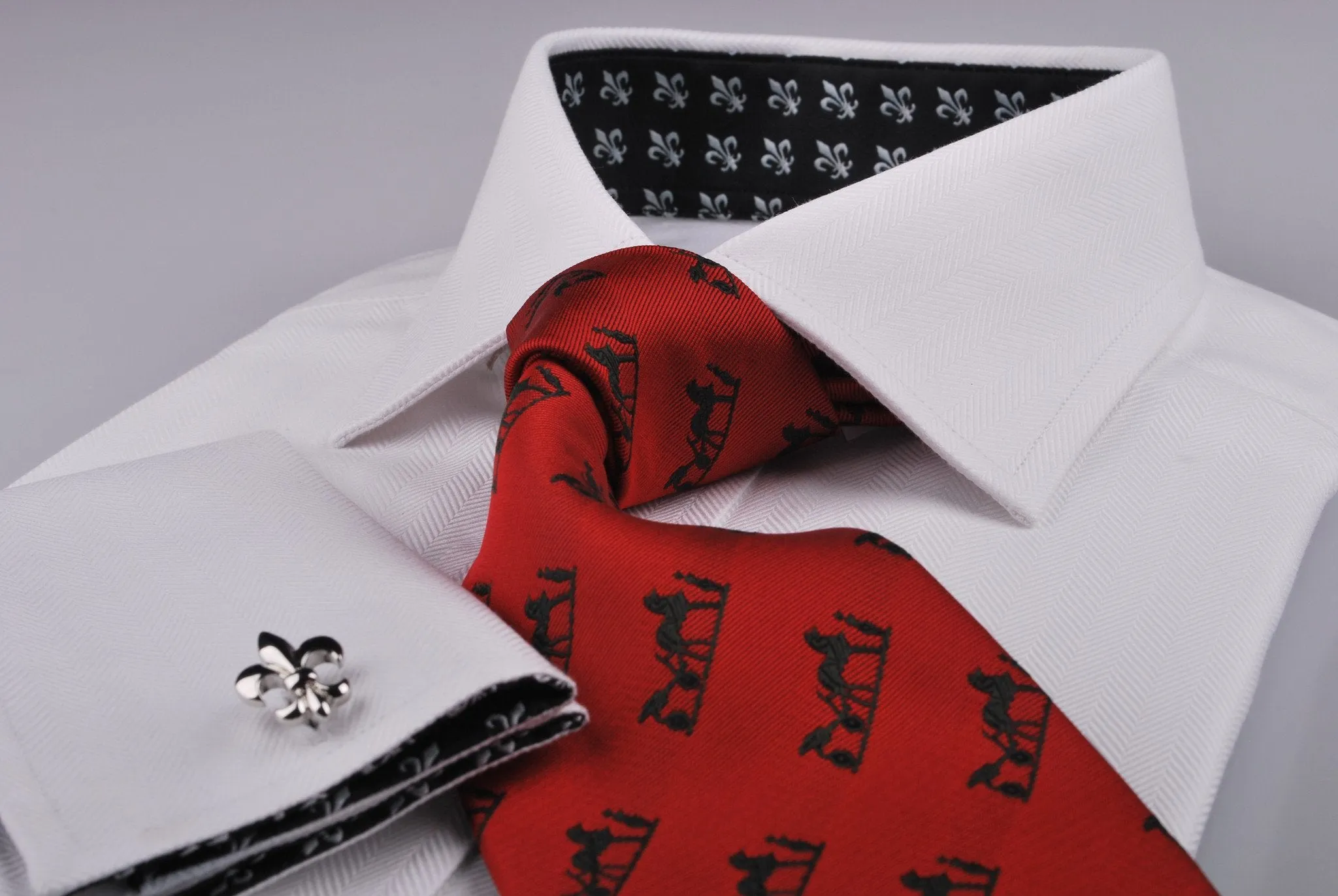 White Herringbone Twill Formal Business Dress Shirt Black Fleur-De-Lis Fashion