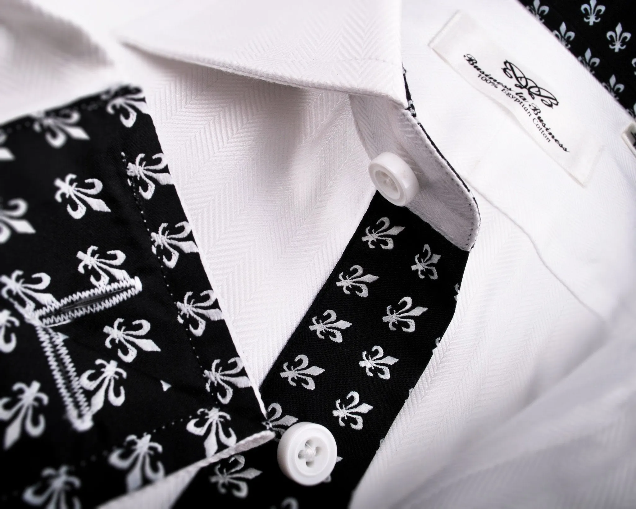 White Herringbone Twill Formal Business Dress Shirt Black Fleur-De-Lis Fashion