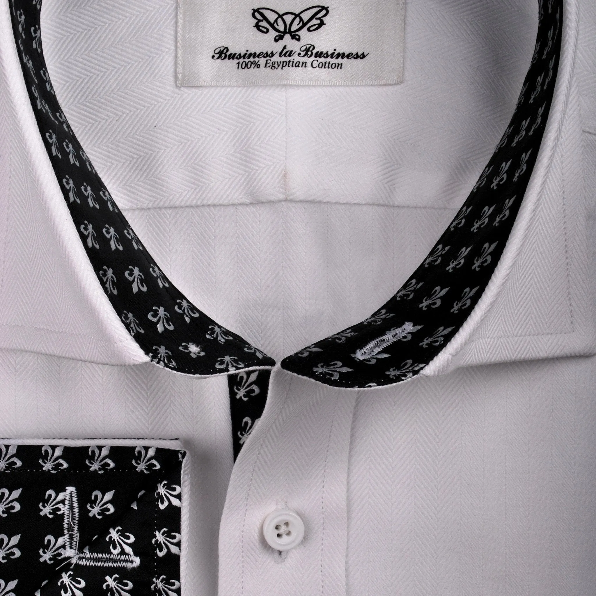 White Herringbone Twill Formal Business Dress Shirt Black Fleur-De-Lis Fashion