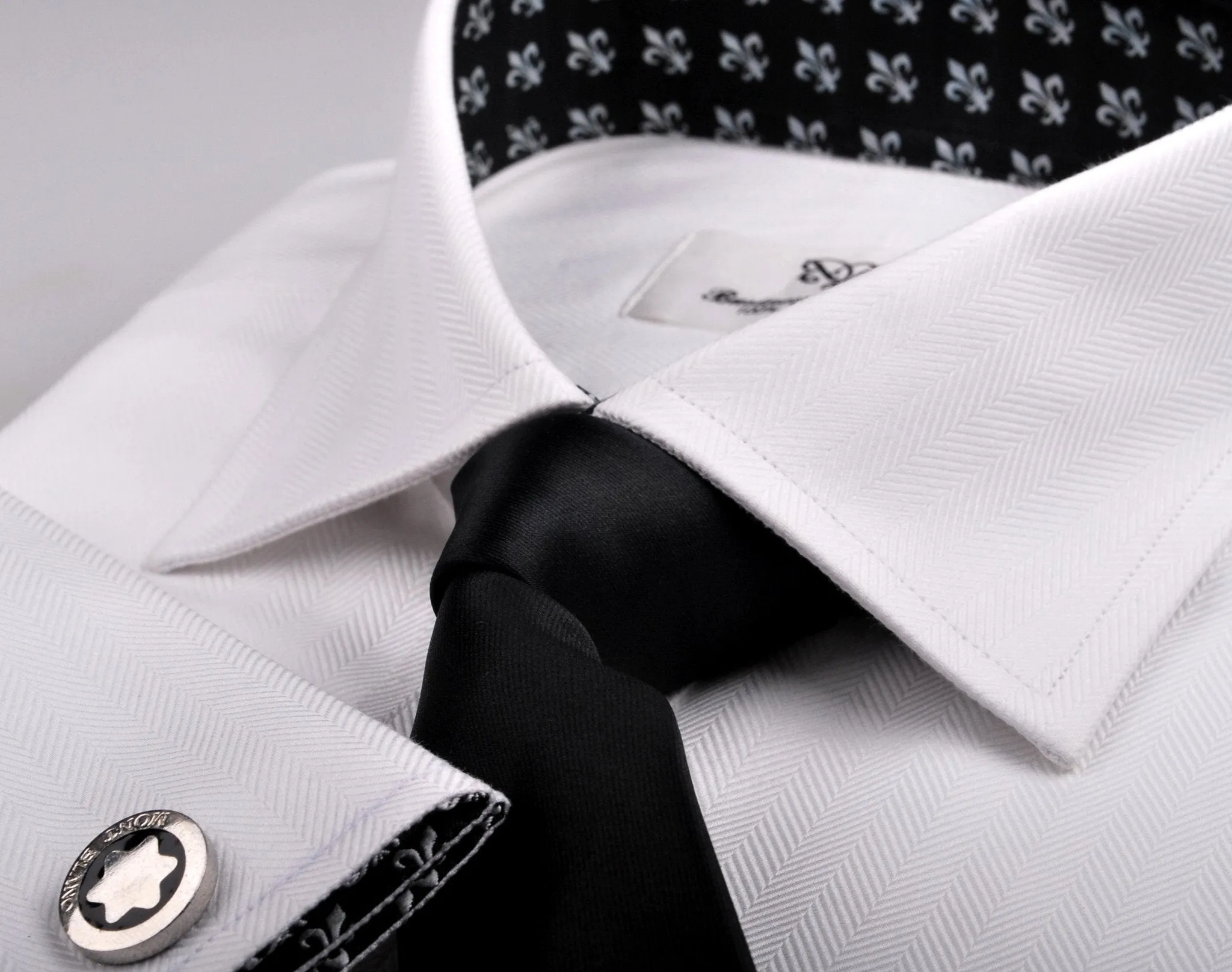 White Herringbone Twill Formal Business Dress Shirt Black Fleur-De-Lis Fashion