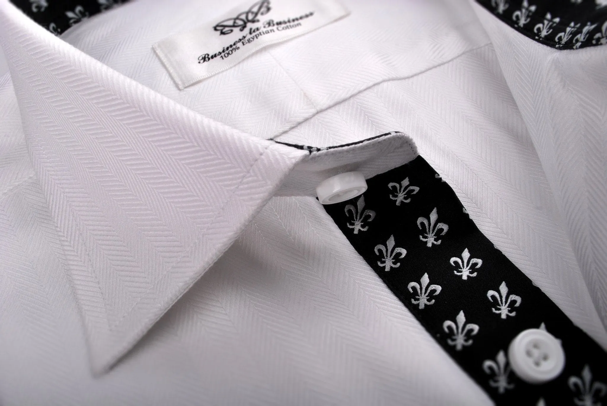 White Herringbone Twill Formal Business Dress Shirt Black Fleur-De-Lis Fashion