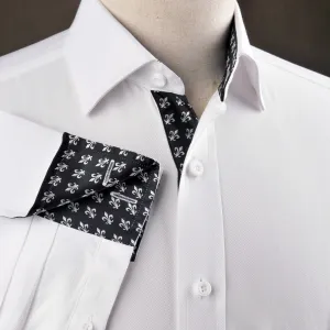 White Herringbone Twill Formal Business Dress Shirt Black Fleur-De-Lis Fashion