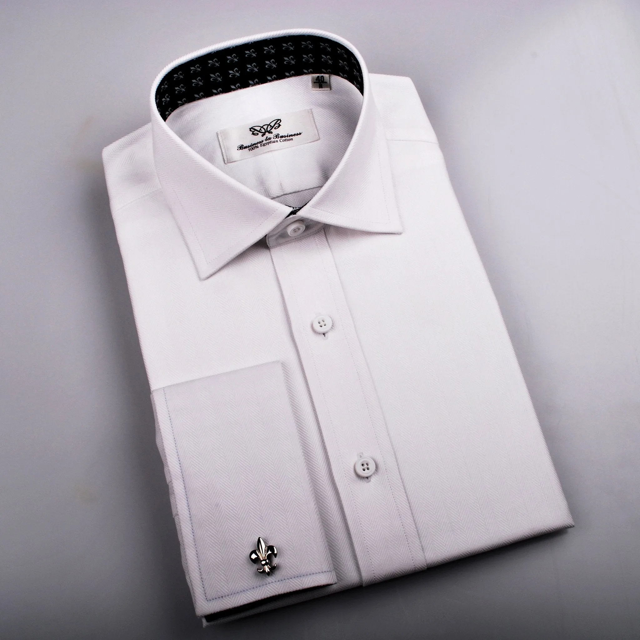 White Herringbone Twill Formal Business Dress Shirt Black Fleur-De-Lis Fashion