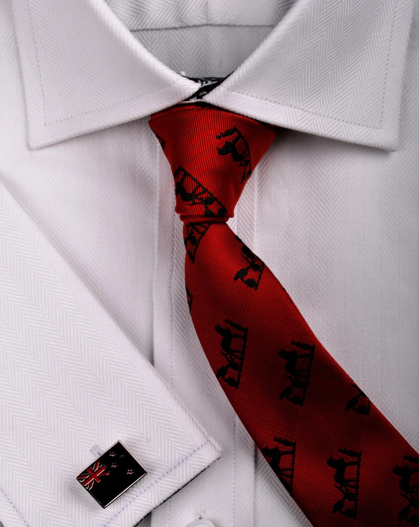 White Herringbone Twill Formal Business Dress Shirt Black Fleur-De-Lis Fashion