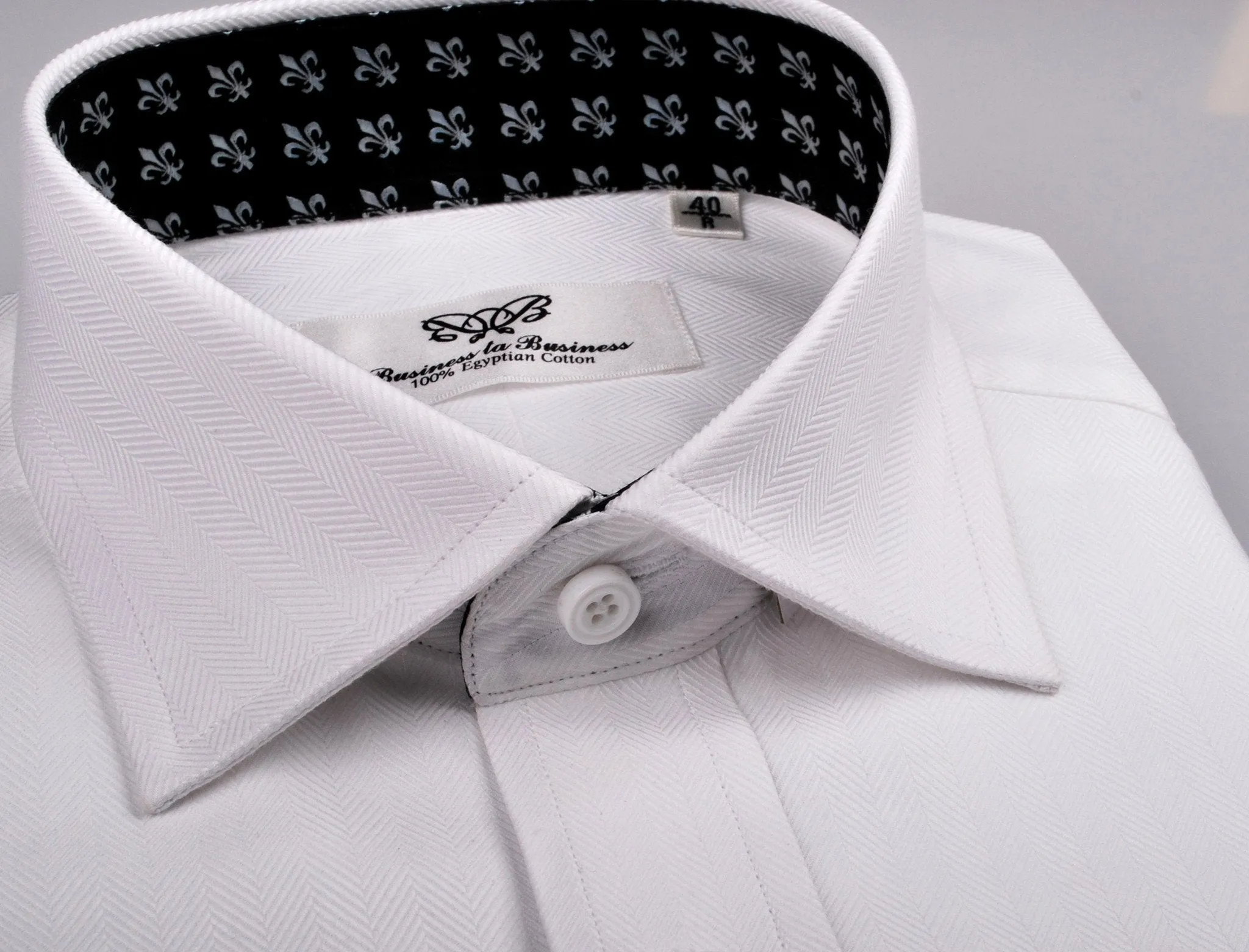 White Herringbone Twill Formal Business Dress Shirt Black Fleur-De-Lis Fashion