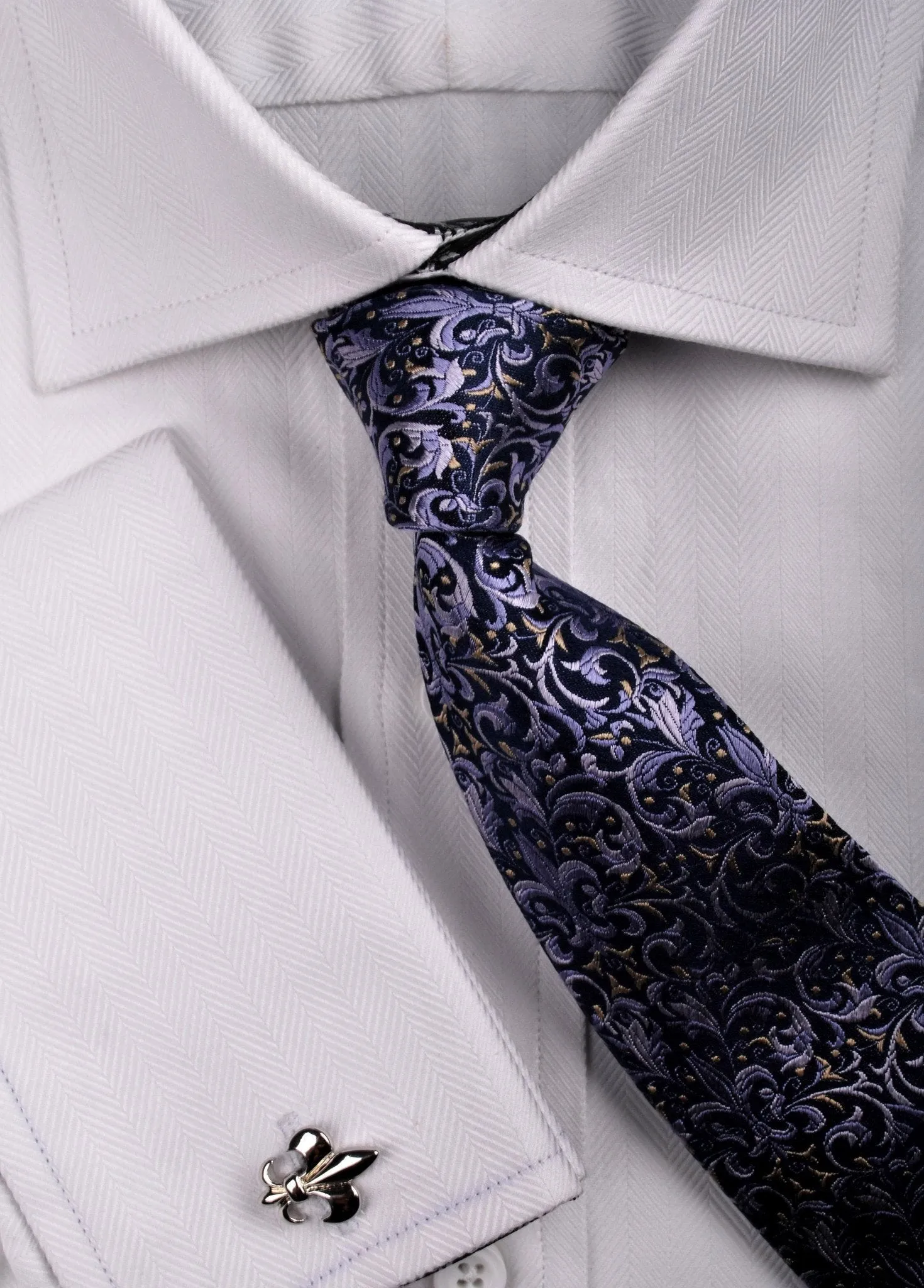 White Herringbone Twill Formal Business Dress Shirt Black Fleur-De-Lis Fashion