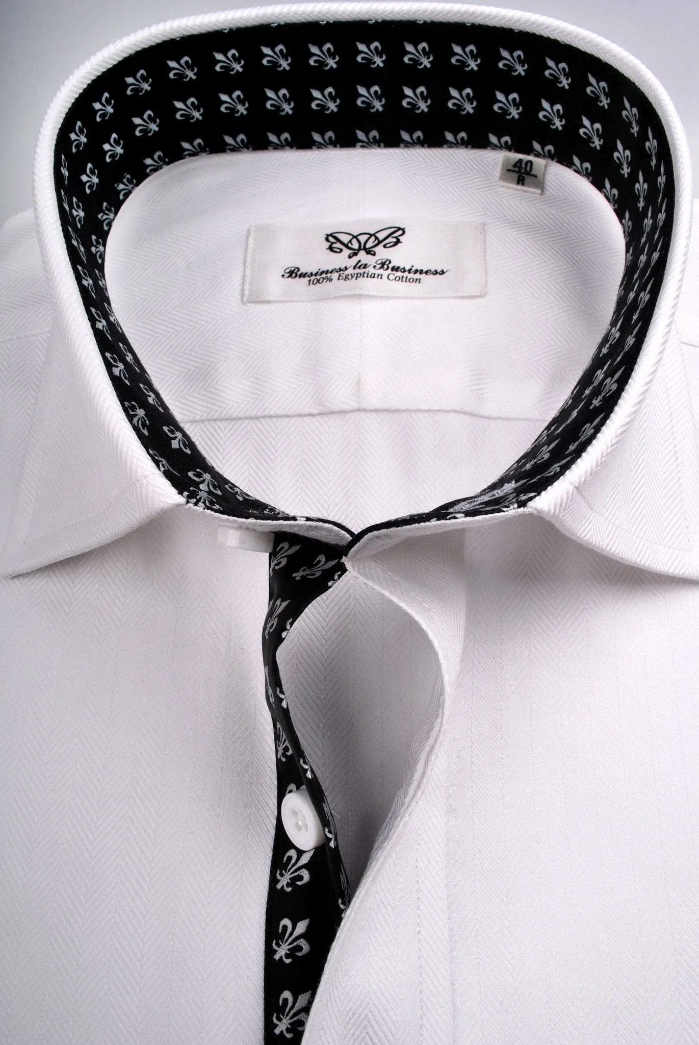 White Herringbone Twill Formal Business Dress Shirt Black Fleur-De-Lis Fashion