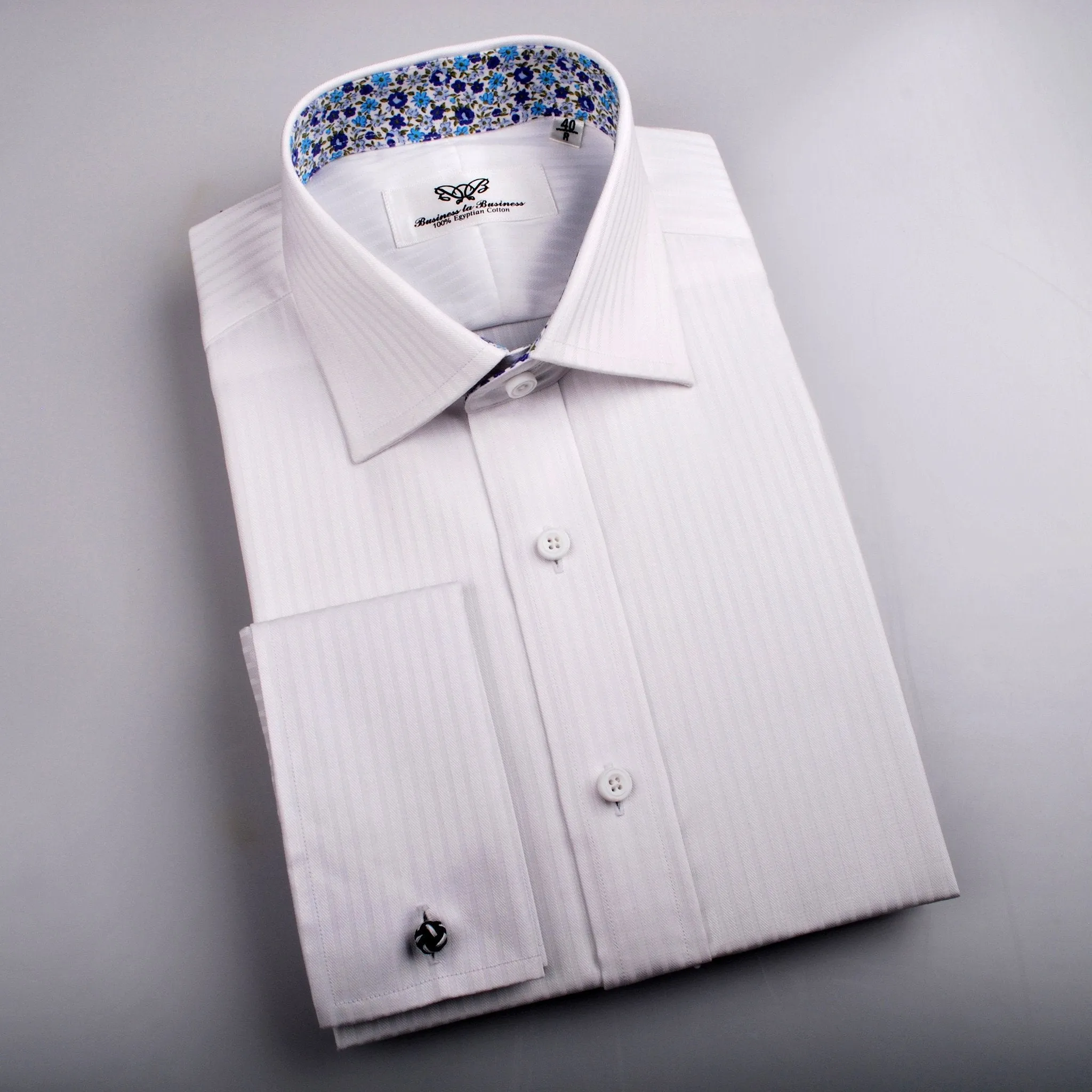 White Twill Herringbone Stripe Floral Formal Business Dress Shirt