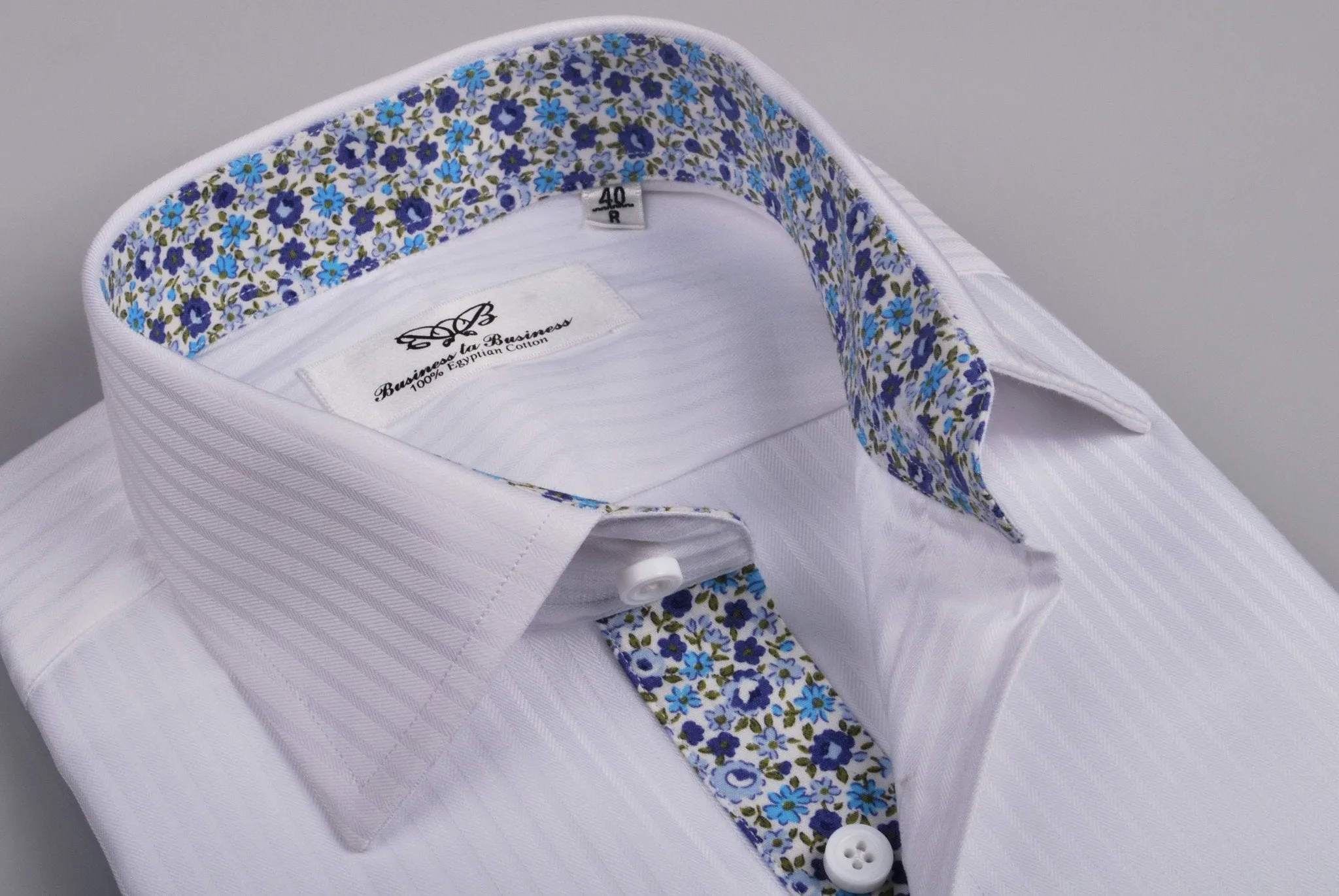 White Twill Herringbone Stripe Floral Formal Business Dress Shirt