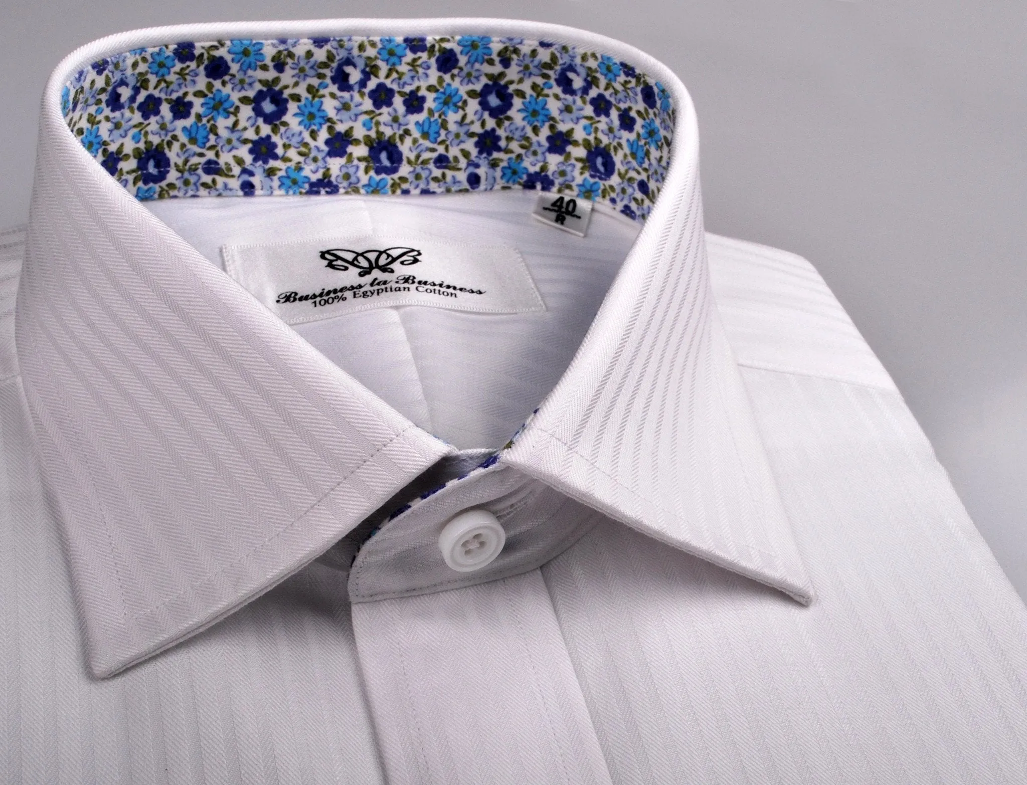 White Twill Herringbone Stripe Floral Formal Business Dress Shirt