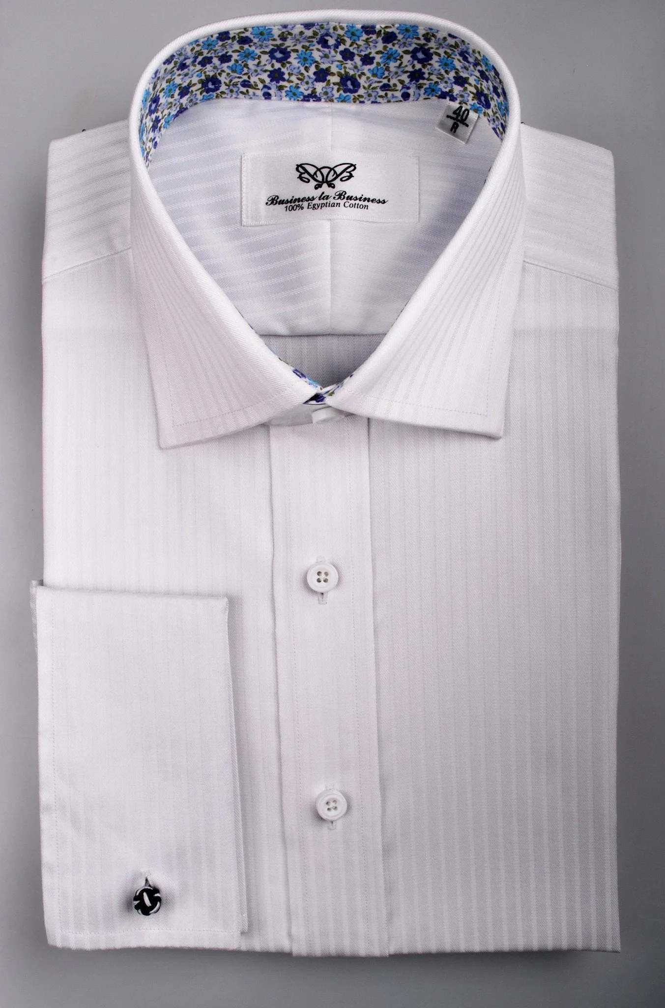 White Twill Herringbone Stripe Floral Formal Business Dress Shirt