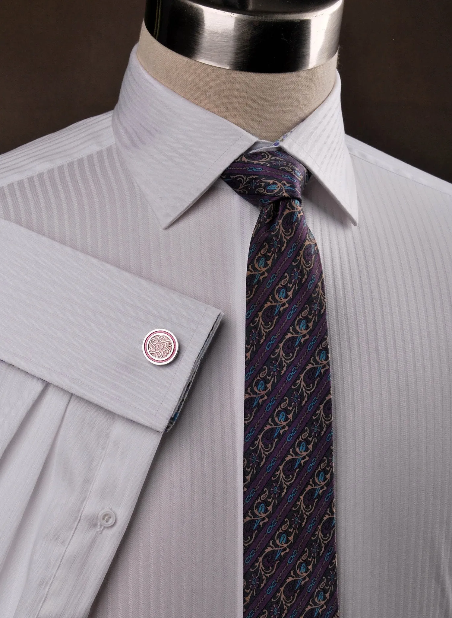 White Twill Herringbone Stripe Floral Formal Business Dress Shirt