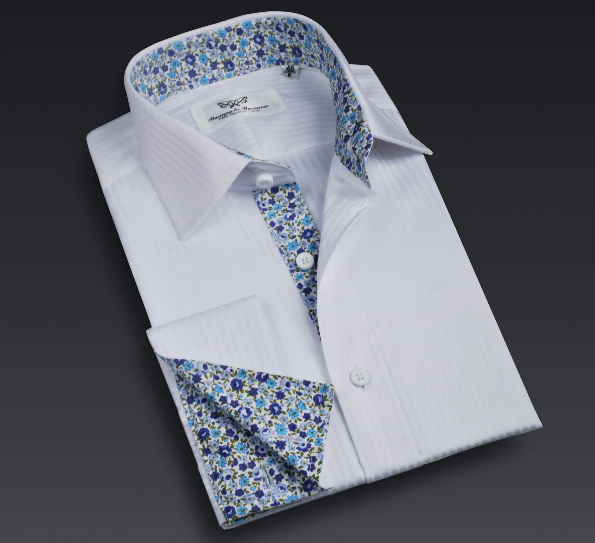 White Twill Herringbone Stripe Floral Formal Business Dress Shirt