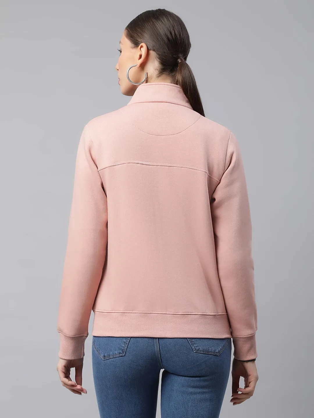 Women Dusty Pink High Neck Zip Open Front Relaxed Fit Fleece Sweatshirt