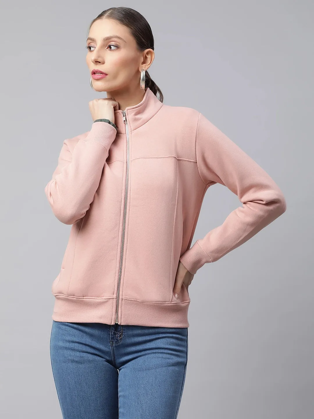 Women Dusty Pink High Neck Zip Open Front Relaxed Fit Fleece Sweatshirt