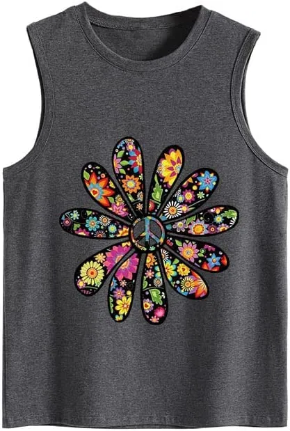 Women Peace Sign Flower Tank Top Shirt