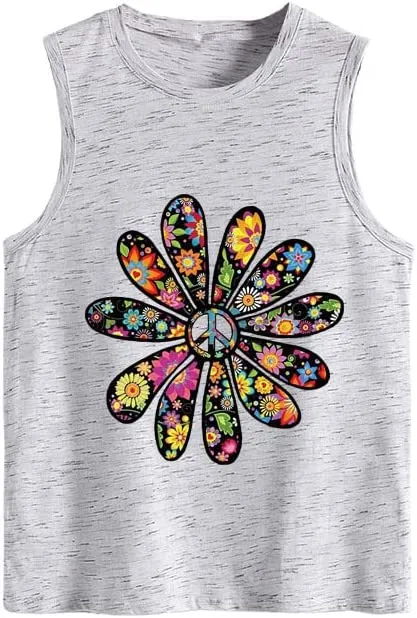 Women Peace Sign Flower Tank Top Shirt