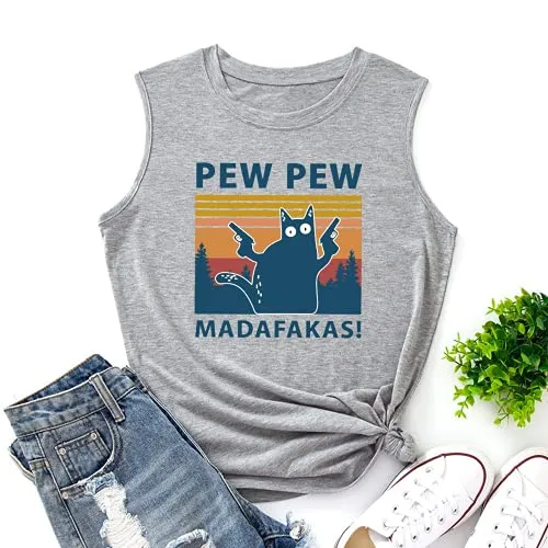 Women Pew Pew Madafakas Tank Funny Pew Pew Cat Shirt