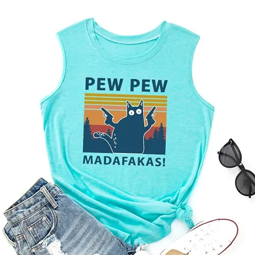 Women Pew Pew Madafakas Tank Funny Pew Pew Cat Shirt