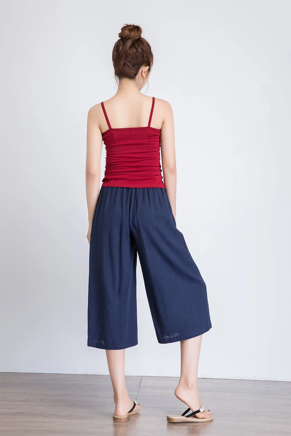 womens cropped wide leg linen pants with elastic waist band and on-seam pockets blue loose fitting plus size available 1936