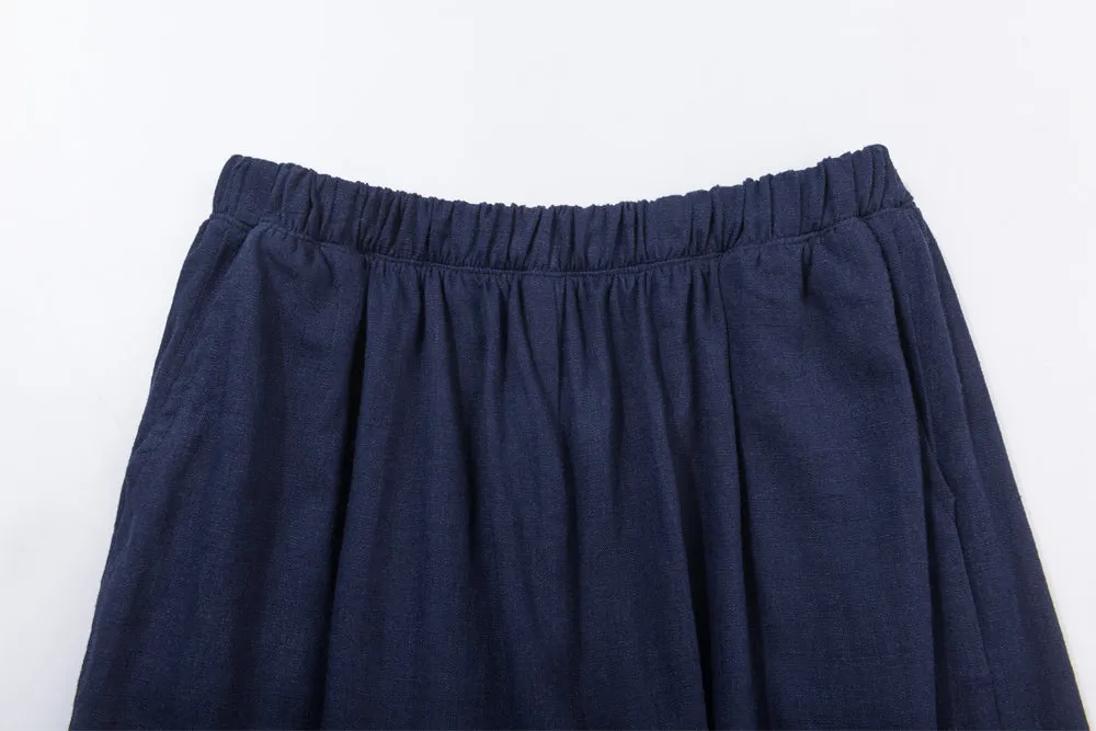 womens cropped wide leg linen pants with elastic waist band and on-seam pockets blue loose fitting plus size available 1936