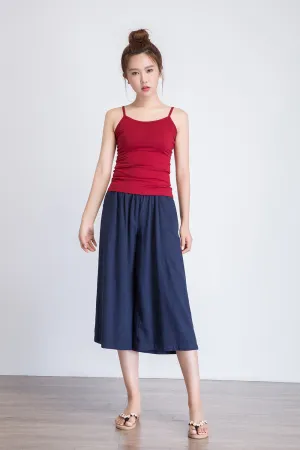 womens cropped wide leg linen pants with elastic waist band and on-seam pockets blue loose fitting plus size available 1936